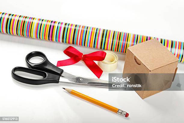 Wrapping Paper With Scissors And Gift Stock Photo - Download Image