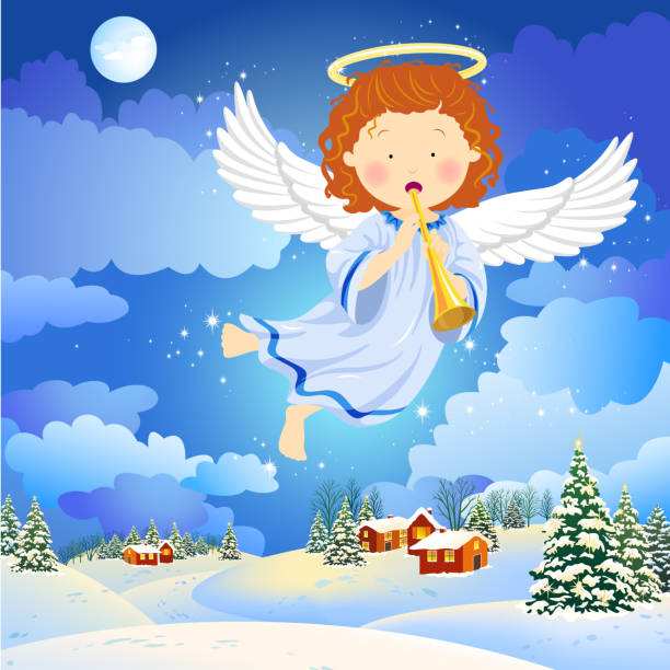 christmas angel flying w zimie miasto - silent night illustrations stock illustrations