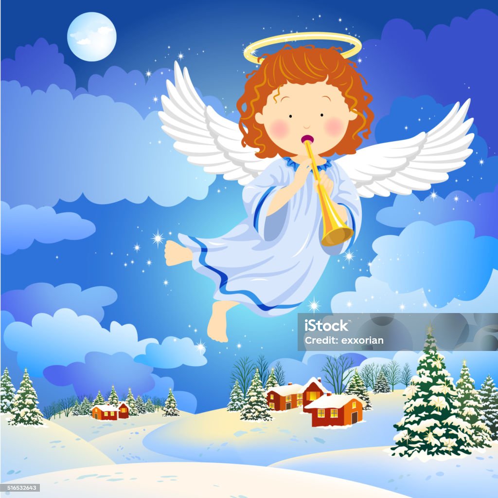 Christmas Angel Flying in the Winter Town Angel announcing the birth of Christ in Silent Night. Angel stock vector