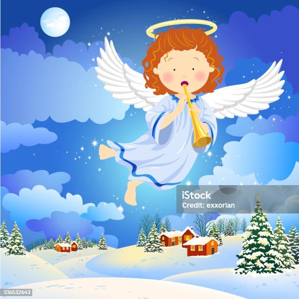 Christmas Angel Flying In The Winter Town Stock Illustration - Download Image Now - Angel, Animal Body Part, Animal Wing