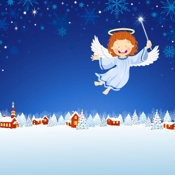 christmas angel flying w zimie miasto - silent night illustrations stock illustrations