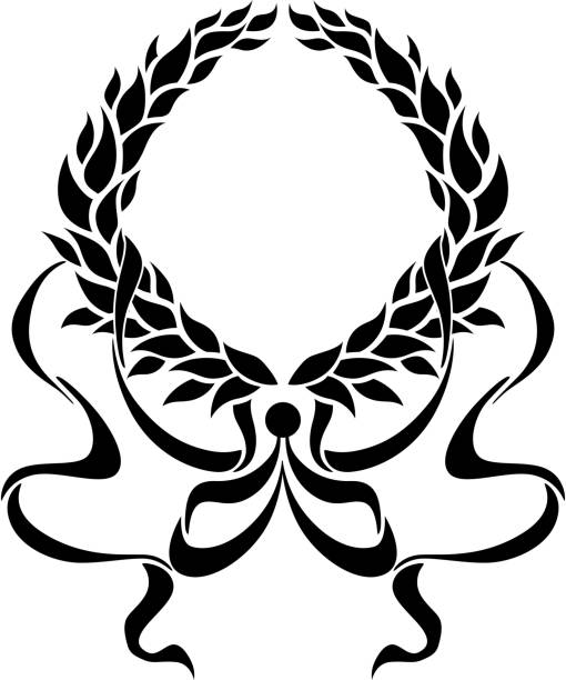 블랙 잎사귀 작은창자 화관, 화려한 리본 - coat of arms wreath laurel wreath symbol stock illustrations