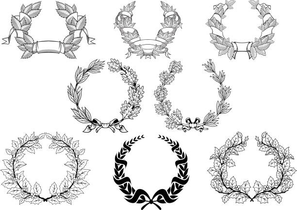 복고풍 wreaths 설정 - coat of arms wreath laurel wreath symbol stock illustrations