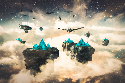 Steampunk fantasía flotando islas y naves espaciales photo