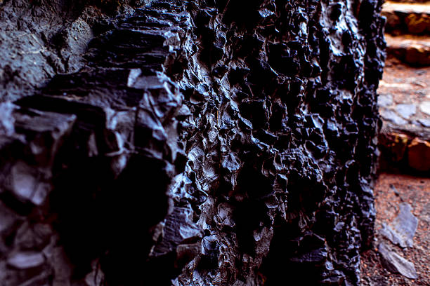 Close-up view on volcanic black rock in Ajiy caves on Fuerteventura island