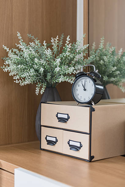 istock white alarm clock with brown box and plant 516542380