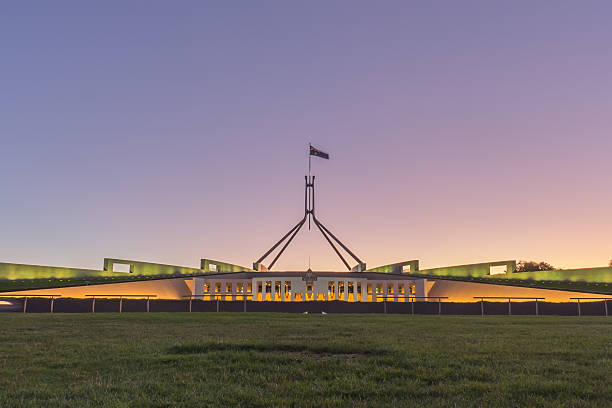 Beautiful scene of sunset at Parliament House Canberra, Australi stock photo