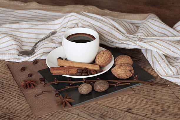 Cup of hot coffee and themed items around it.