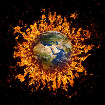 Plane Earth in fire. Global conflict.