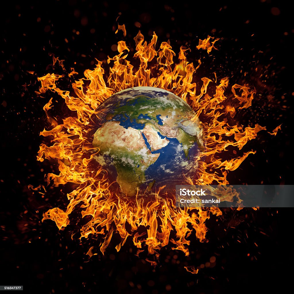 Plane Earth in fire. Global conflict. Burning Stock Photo