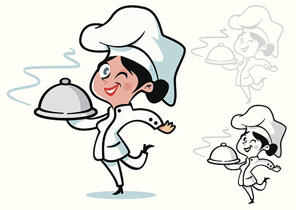 Female chef with dark hair Cook with dark hair and a tray of food in her hand middle aged woman cooking stock illustrations