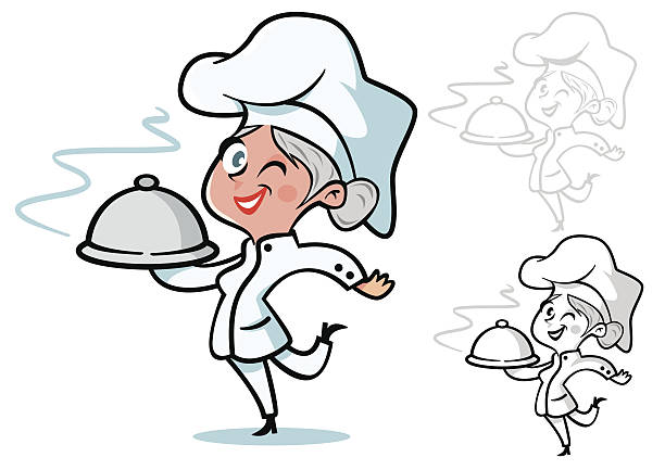 Female chef with grey hair Cook with gray hair and a tray of food in her hand middle aged woman cooking stock illustrations