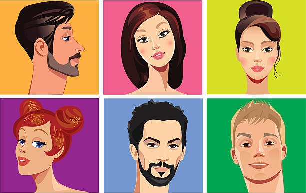 ilustrações, clipart, desenhos animados e ícones de vetor retratos de rostos de pessoas em fundo colorido - men human hair portrait human eye