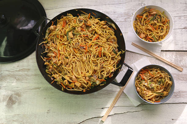 Wok Noodles with chicken and various vegetables, prepared and served in wok. Two smaller bowls with chopsticks on the side. Served on white rustic table. Top view, selective focus. large pasta pot stock pictures, royalty-free photos & images