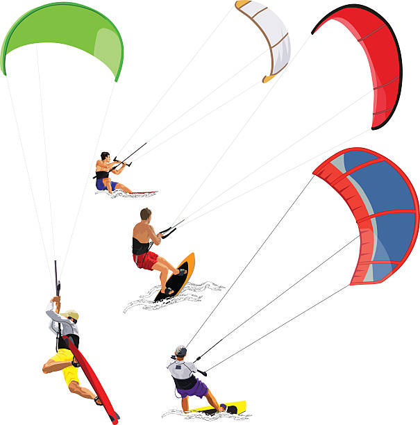 Kitesurfers on white Collection of vector kitesurfers in various poses kiteboard stock illustrations
