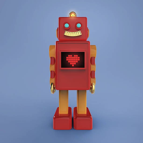 istock Red cute vintage robot with shiny light bub and screen 516549890