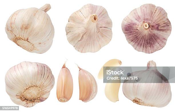 Garlic Set Isolated On White Background Top View Stock Photo - Download Image Now - Garlic Clove, Garlic, Close-up