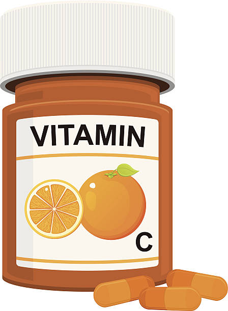 ilustraciones, imágenes clip art, dibujos animados e iconos de stock de botella de vitamina c - vitamin pill vitamin c nutritional supplement bottle