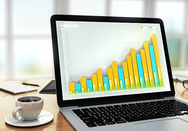 istock Growing business graph at laptop screen with cup of coffee 516550506
