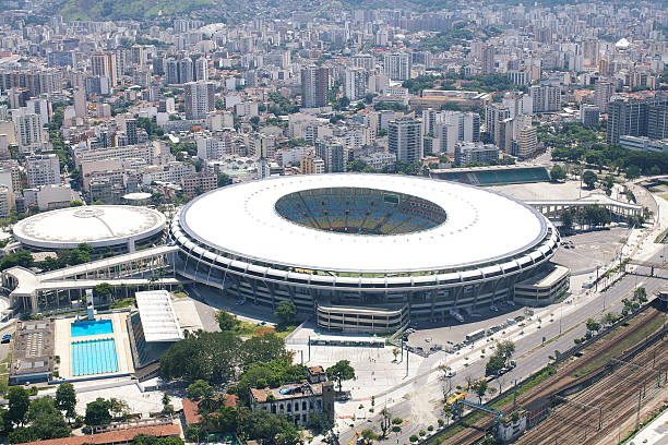 Maracana Stadium Rio de Janeiro, Brazil - December 28, 2013: Aerial Photo of famous Maracana Stadium from helicopter maracanã stadium stock pictures, royalty-free photos & images