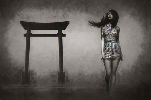Sad Japanese woman in derelict shrine.