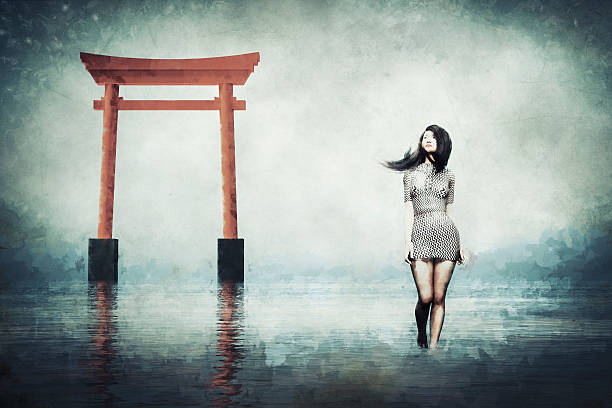 Sad Japanese woman in derelict shrine.