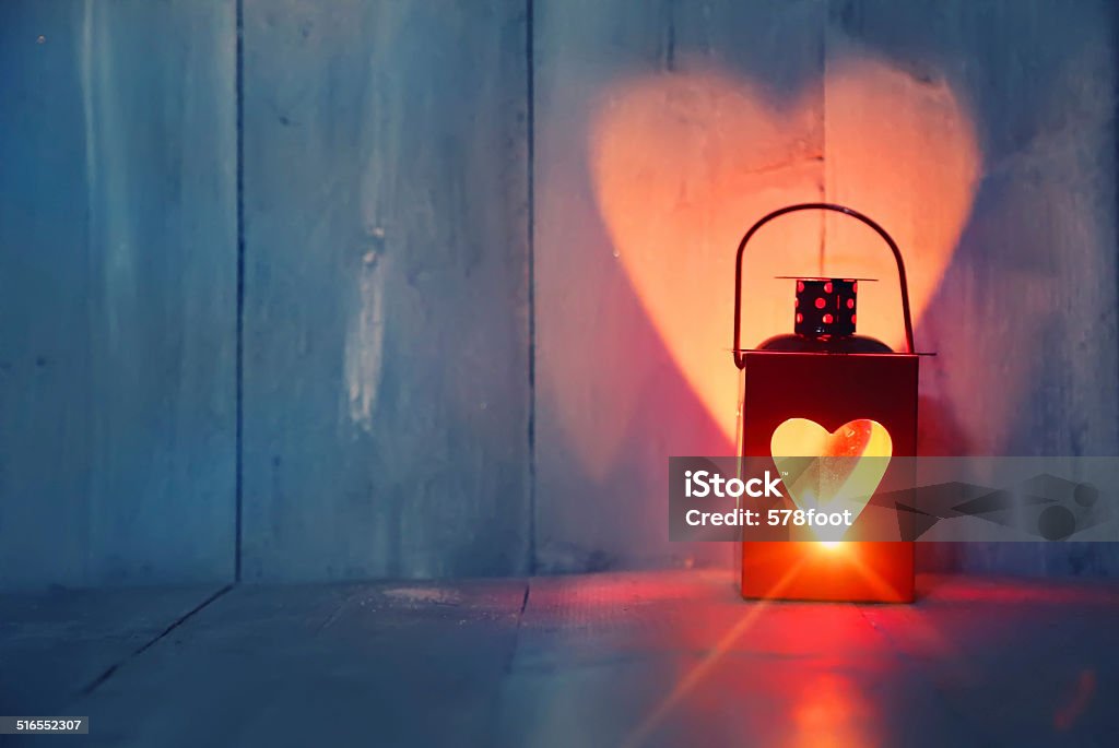 Lantern St Valentine's day greeting card with candle and hearts Heart Shape Stock Photo