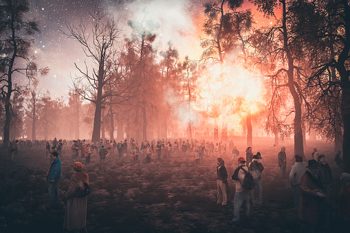 People seeking shelter in the forest, explosion, war.