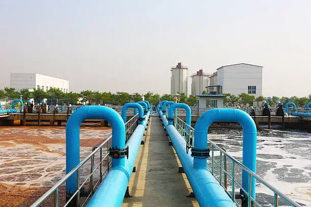 Photo of Water treatment tank with waste water with aeration process.