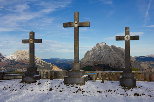 Snowy calvary  from the natural park of Urkiola, Basque Country