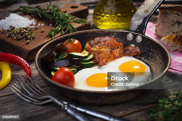 Bacon Eggs And Vegetables Stock Photo - Download Image Now - Bacon, Breakfast, Cooking