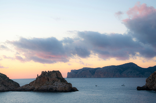 Invierno puesta de sol en la isla de Mallorca Es Malgrat en febrero. photo