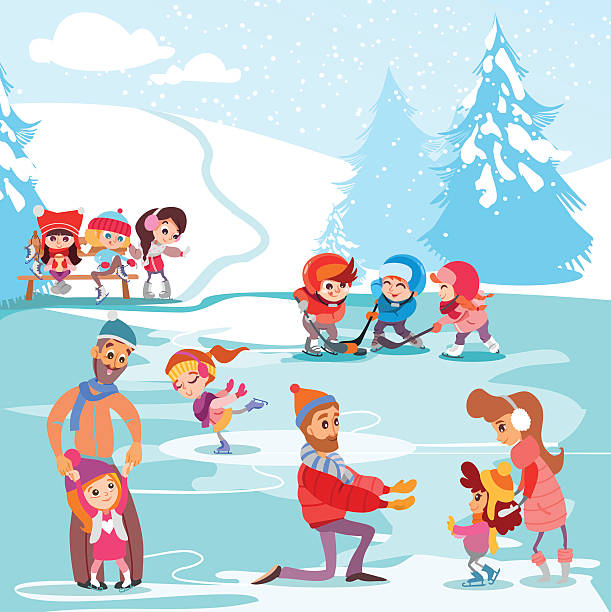 ilustrações de stock, clip art, desenhos animados e ícones de ilustração de pista de patinagem no gelo, no parque de inverno com famílias - ice skating ice hockey child family