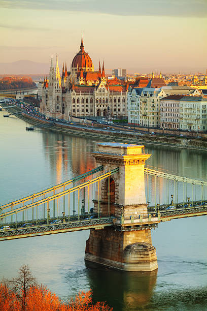 Overview of Budapest at sunrise stock photo