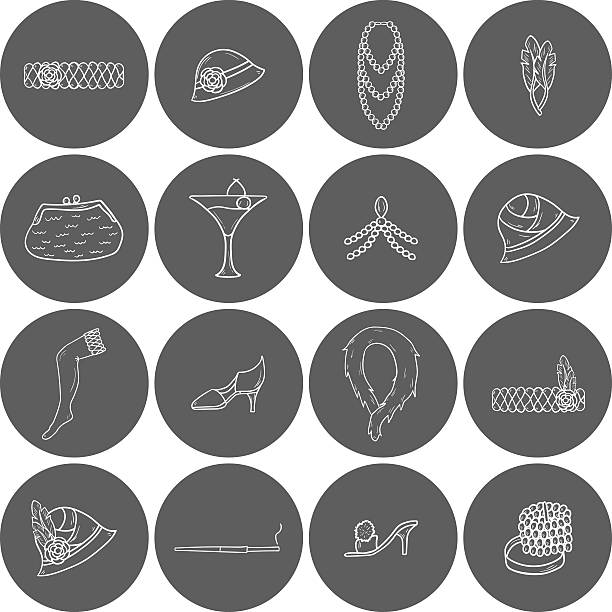 Retro 1920s objects Set of retro fashion 1920s 1930s objects with women hats, clothes, jewelry. Chicag party style. Old-fashioned retro-styled design. Simple hand drawn icons flapper hat stock illustrations