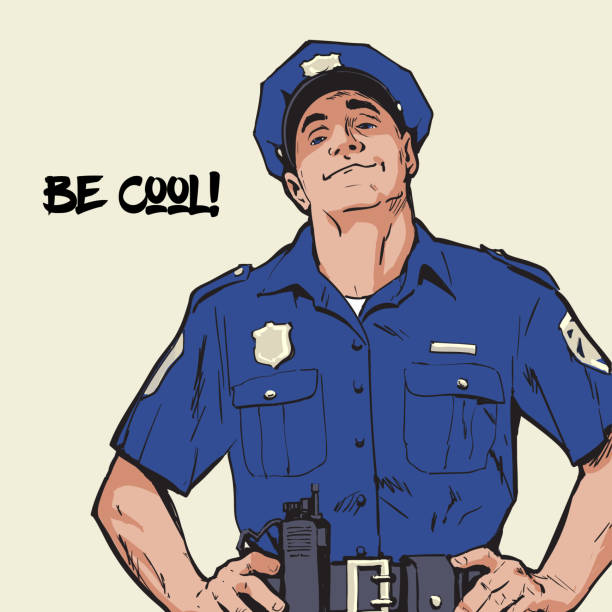 ilustraciones, imágenes clip art, dibujos animados e iconos de stock de petulante policía se encuentra en posición vertical. azul uniforme - police officer security staff honor guard