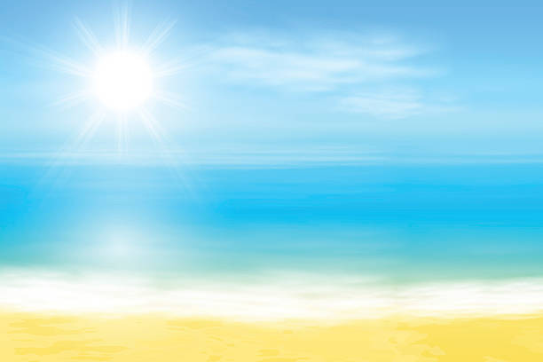 Beach and tropical sea with bright sun Beach and tropical sea with bright sun. EPS10 vector. tropical beach and clouds scene stock illustrations