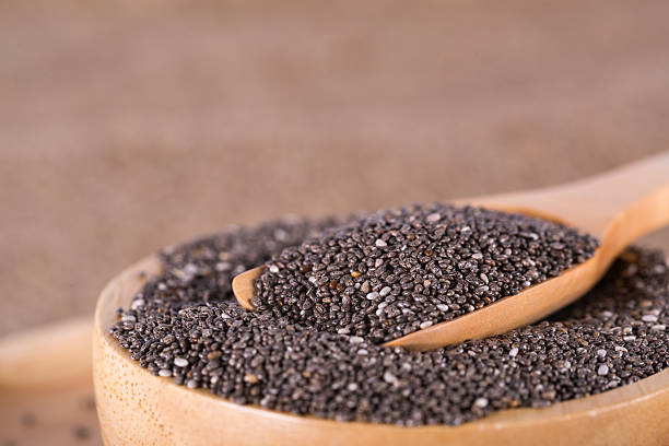 istock chia seed in wooden bowl. focus on spoon. 516601148