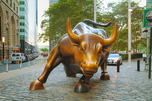 New York, USA - September 5, 2015: Charging Bull sculpture. The sculpture is both a popular tourist destination, as well as 