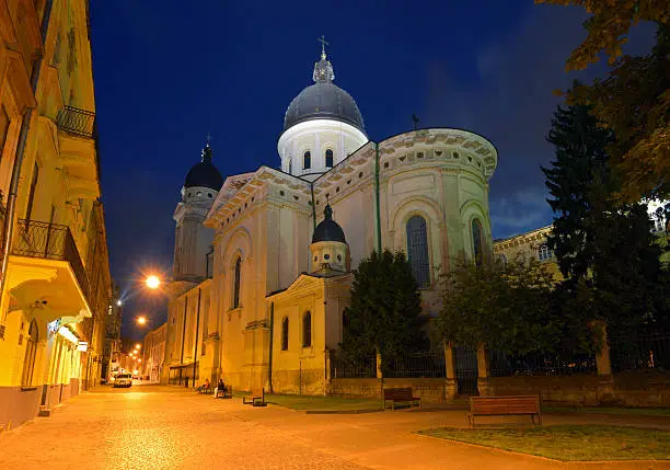 Church of Transfiguration in Lviv at night. Ukraine, Lvov
