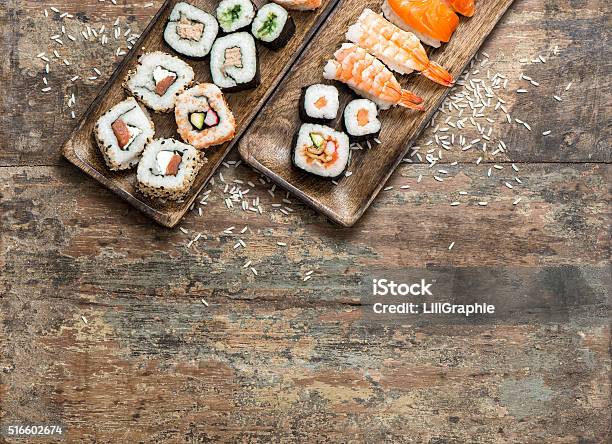 Traditional Japanese Food Sushi Rolls Maki Nigiri Stock Photo - Download Image Now