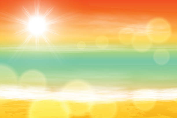 illustrazioni stock, clip art, cartoni animati e icone di tendenza di mare e tramonto con il sole, luce sulla lente - summer
