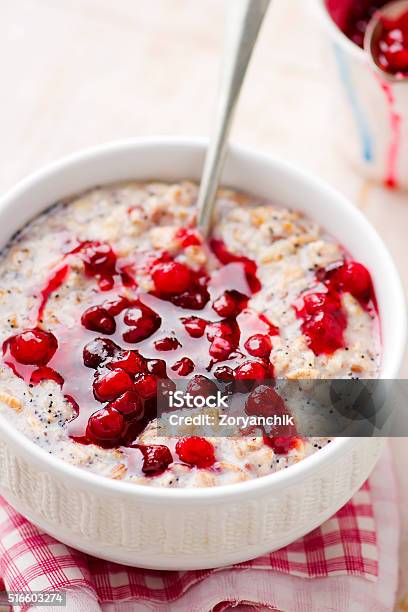 Porridge With Cranberry Sauce Stock Photo - Download Image Now - Apple - Fruit, Bowl, Breakfast