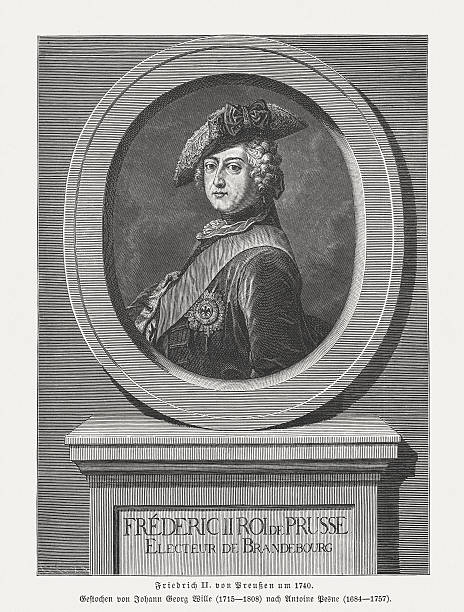 Frederick the Great, wood engraving, published in 1884 Frederick the Great. Frederick II, Frederick the Great or the old man called  the Old Fritz, 1712 - 1786) was King of Prussia and Elector of Brandenburg. Wood engraving after a painting by Antoine Pesne (French painter, 1683 - 1757), published in 1884. prussia stock illustrations