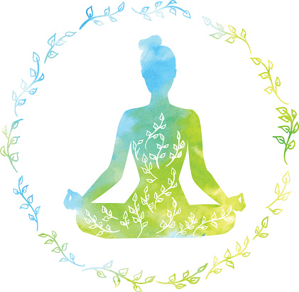 Vector illustration with silhouette of yoga woman with bright watercolor texture and floral ornament. Spring colors and leaves decoration in circle frame. Lotus pose - Padmasana. Isolated on white