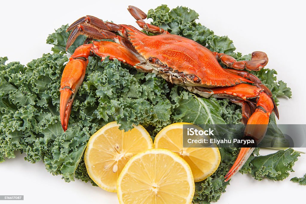 Steamed Blue Crab on a white background Steamed Blue Crab, one of the symbols of Maryland State and Ocean City, MD, garnished with kale and lemon slices on white background Animal Shell Stock Photo