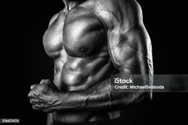 Muscular African American Man In Black And White Stock Photo - Download Image Now - Body Building, Muscular Build, Males