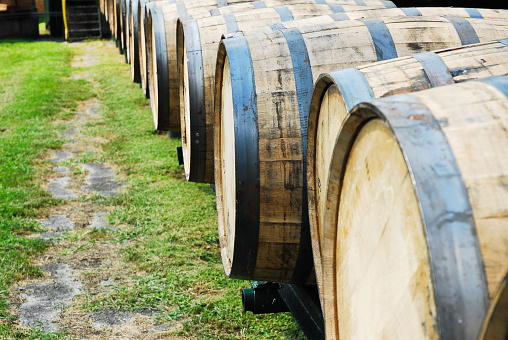 Barrels used for aging bourbon whiskey at a distillery in Kentucky.