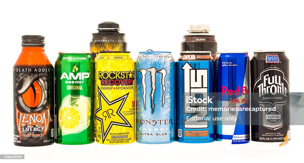 Bunch of energy drinks  Winneconne, WI, USA - 27 July 2015:  Some of the biggest energy drinks on the consumer market. Red Bull, Monster, Amp, Rockstar, Full Throttle, NOS and Venom Energy Drink Stock Photo