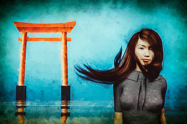 Sad Japanese woman in derelict shrine.
